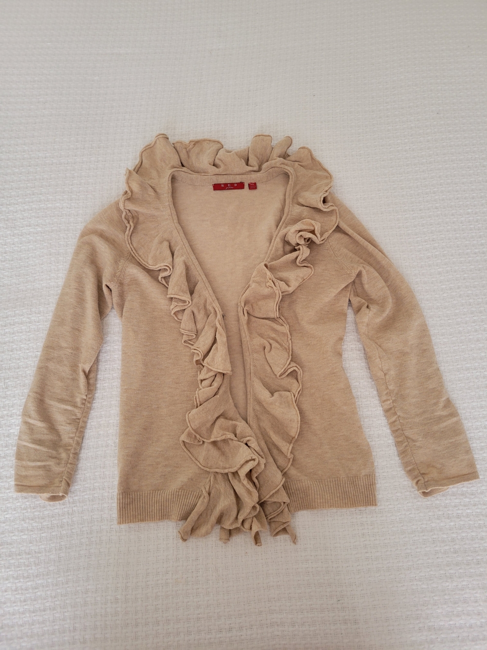 Red Beige Ruffled Open-Front Cardigan